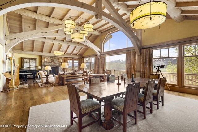 800 Chateau Way, Snowmass, CO 81654 - dining space with a mountain view, beam ceiling, wooden ceiling, and hardwood / wood-style floors