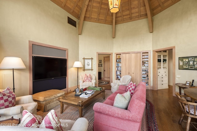 800 Chateau Way, Snowmass, CO 81654 - living room featuring beamed ceiling, dark hardwood / wood-style flooring, wood ceiling, and high vaulted ceiling