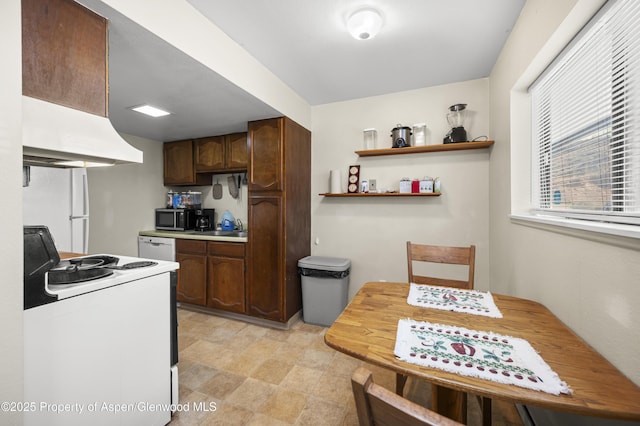 693 N 7th St, Silt, CO 81652 - kitchen featuring dark brown cabinetry, white appliances, light countertops, exhaust hood, and a sink