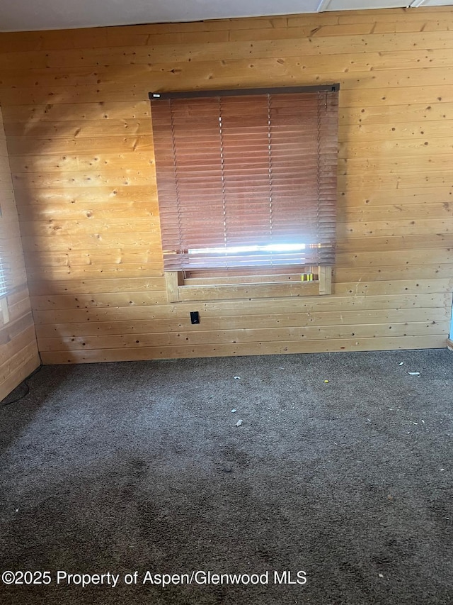 carpeted spare room featuring wood walls