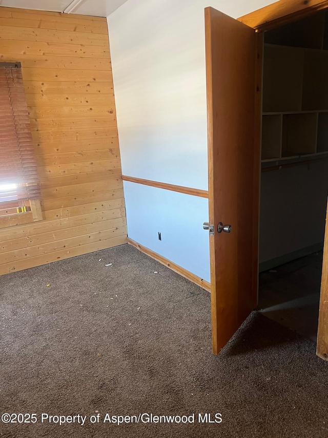 spare room with carpet and wood walls