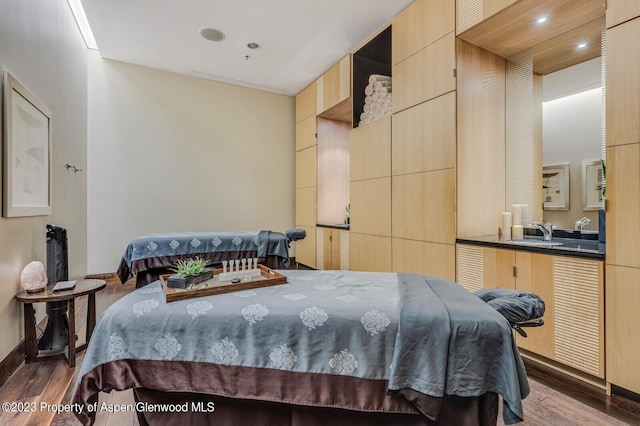 bedroom with dark hardwood / wood-style flooring and sink