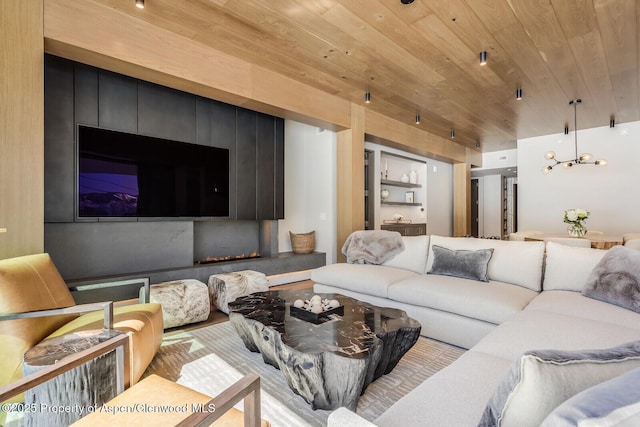 living area with wood ceiling
