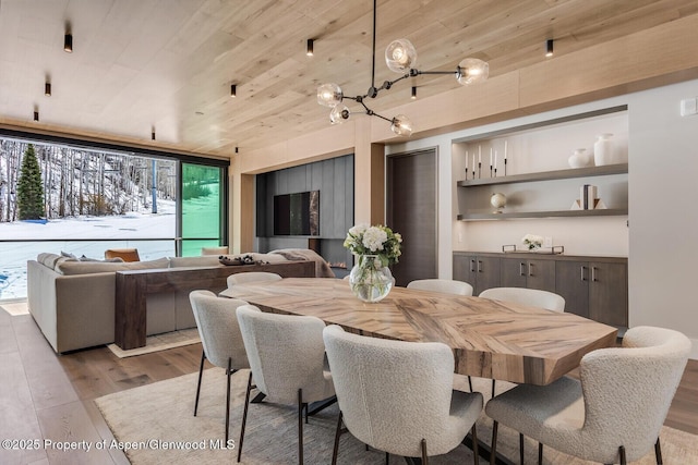 dining room featuring wood finished floors and wood ceiling
