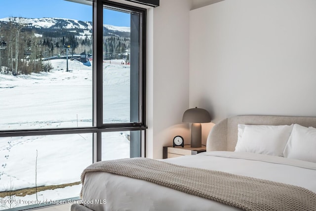 bedroom featuring a mountain view