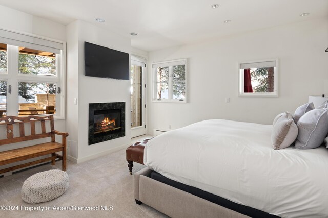 bedroom with multiple windows and light carpet