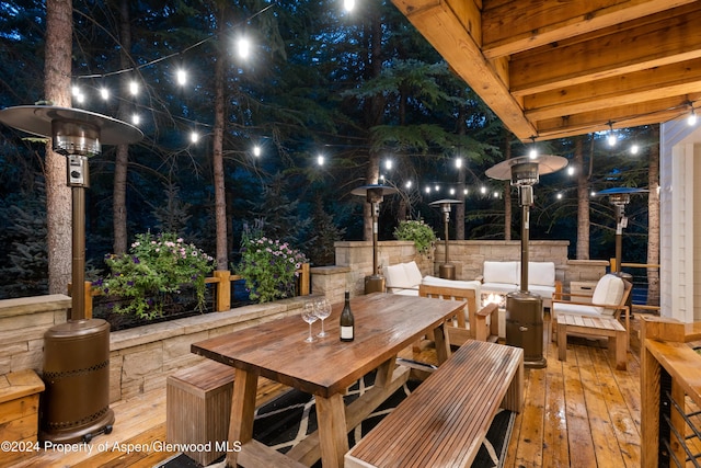 patio at night with an outdoor hangout area