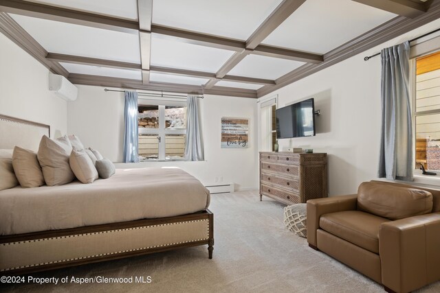 bedroom featuring a baseboard radiator, coffered ceiling, beamed ceiling, an AC wall unit, and light colored carpet