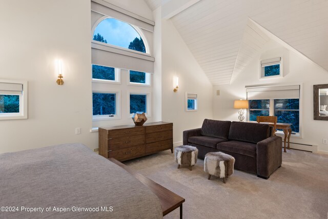 bedroom featuring baseboard heating, light carpet, and high vaulted ceiling