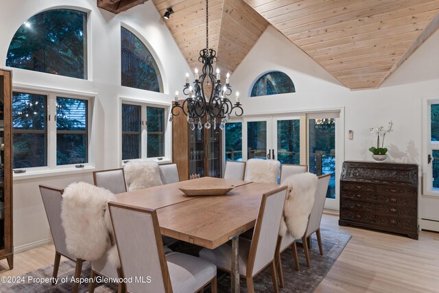 dining space featuring french doors, light hardwood / wood-style floors, high vaulted ceiling, and wooden ceiling