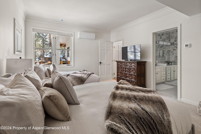 carpeted bedroom with an AC wall unit, crown molding, and connected bathroom