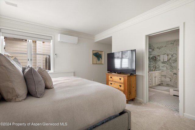 carpeted bedroom featuring ensuite bathroom, crown molding, a wall unit AC, and a baseboard radiator