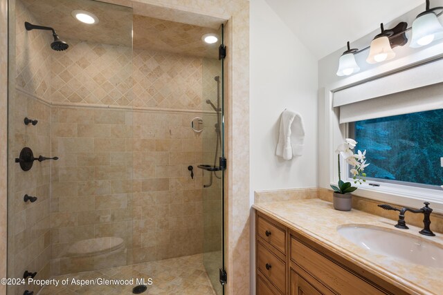 bathroom with vanity, vaulted ceiling, and an enclosed shower