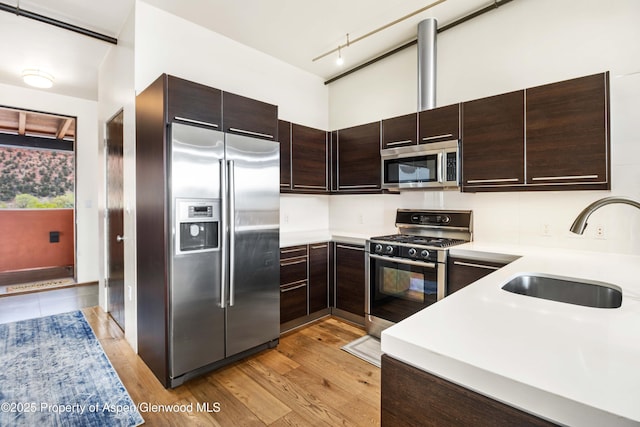 2635 Dolores Way, Carbondale, CO 81623 - kitchen with stainless steel appliances, light wood-style floors, light countertops, and a sink