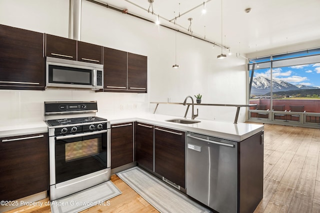 2635 Dolores Way, Carbondale, CO 81623 - kitchen featuring appliances with stainless steel finishes, dark brown cabinets, light countertops, and a sink