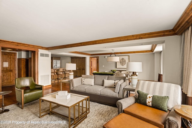 315 E Dean St Unit B30, Aspen, CO 81611 - living area with wood finished floors, ornamental molding, and a tray ceiling