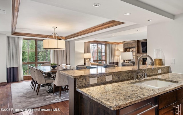 kitchen featuring light stone countertops, sink, a healthy amount of sunlight, dark hardwood / wood-style floors, and a tray ceiling