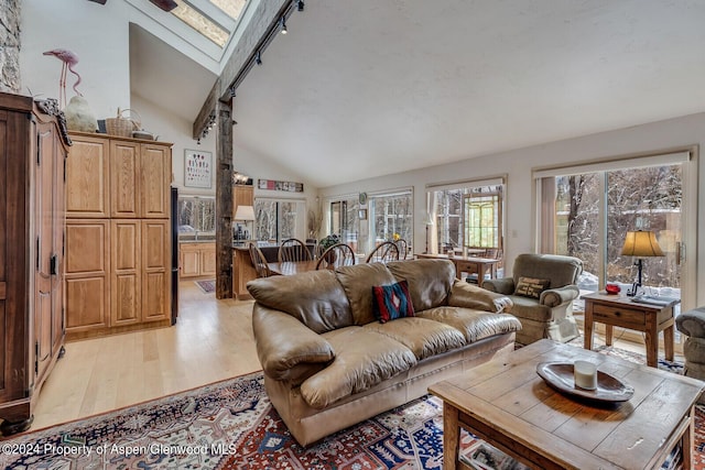 living room with light hardwood / wood-style flooring and vaulted ceiling with skylight