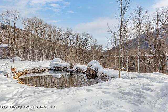 snowy yard featuring a mountain view