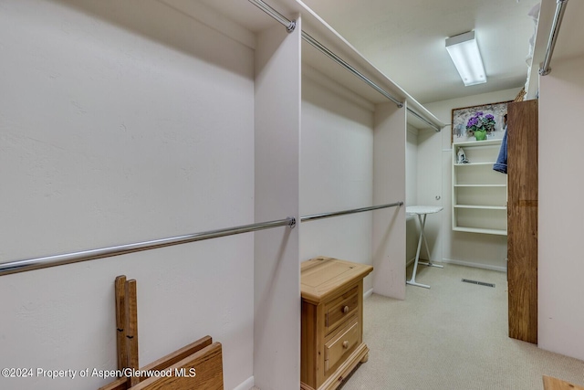 spacious closet featuring light carpet