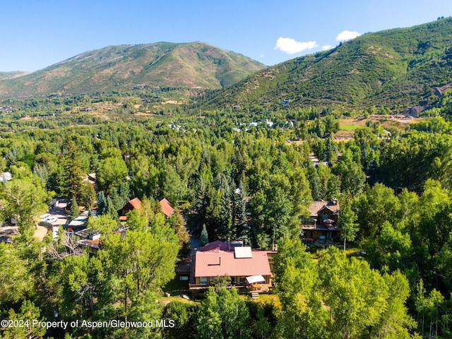 drone / aerial view featuring a mountain view