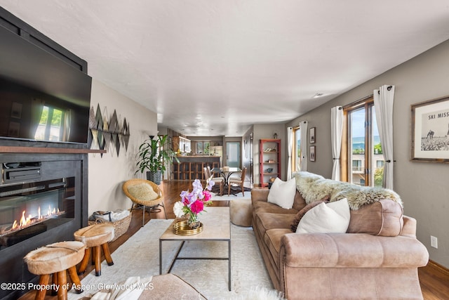 1472 W Main St, Carbondale, CO 81623 - living area featuring wood finished floors, a glass covered fireplace, and plenty of natural light