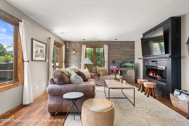 1472 W Main St, Carbondale, CO 81623 - living area with wood finished floors, a glass covered fireplace, and wooden walls