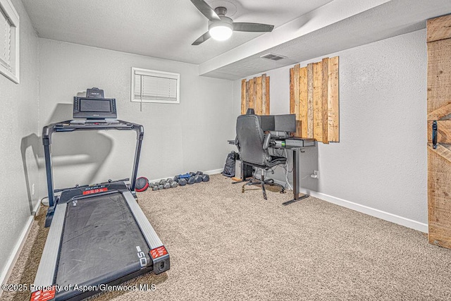 836 Ledford St, Craig, CO 81625 - exercise room with carpet floors, baseboards, ceiling fan, and a textured wall