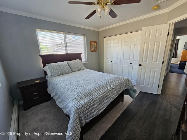 1650 Dogwood Dr, Rifle, CO 81650 - bedroom with a closet, ornamental molding, dark wood-type flooring, ceiling fan, and baseboards