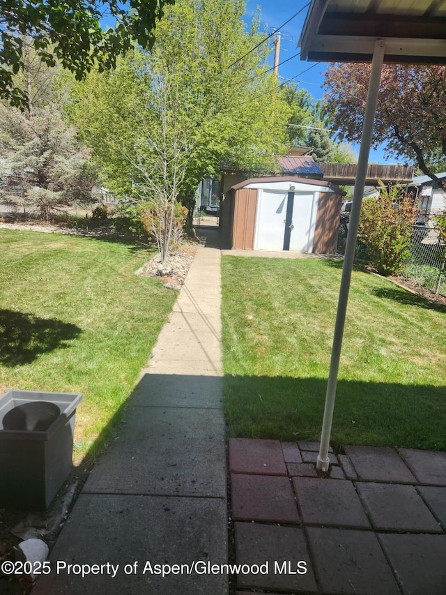 view of yard with a storage shed and an outbuilding