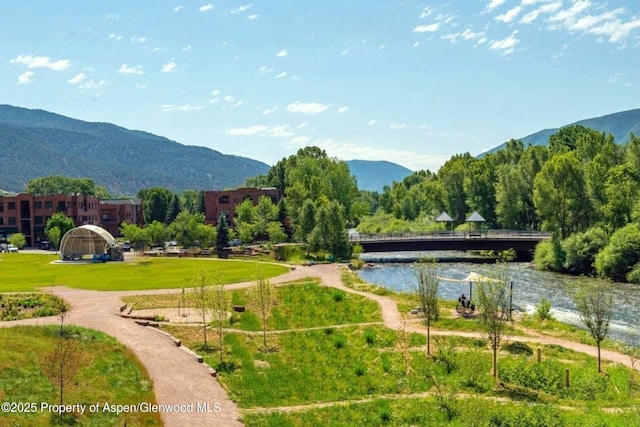 view of community featuring a water and mountain view