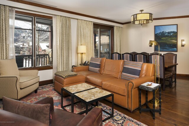 living room featuring dark hardwood / wood-style floors and ornamental molding