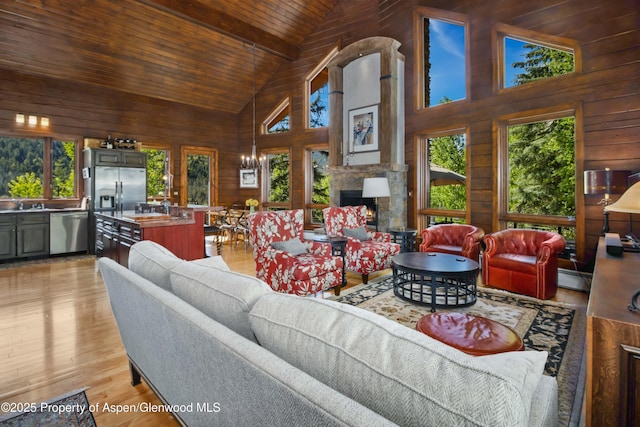 425 Crystal Park Dr, Redstone, CO 81623 - living room featuring wood ceiling, wood walls, high vaulted ceiling, a fireplace, and light wood-type flooring