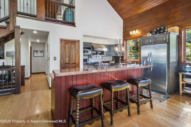 425 Crystal Park Dr, Redstone, CO 81623 - kitchen with stainless steel appliances, high vaulted ceiling, wall chimney range hood, a sink, and light wood finished floors