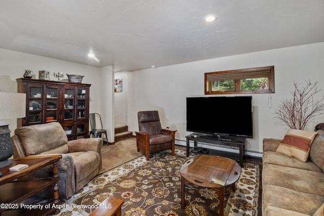 425 Crystal Park Dr, Redstone, CO 81623 - living room with recessed lighting, stairway, and a baseboard heating unit