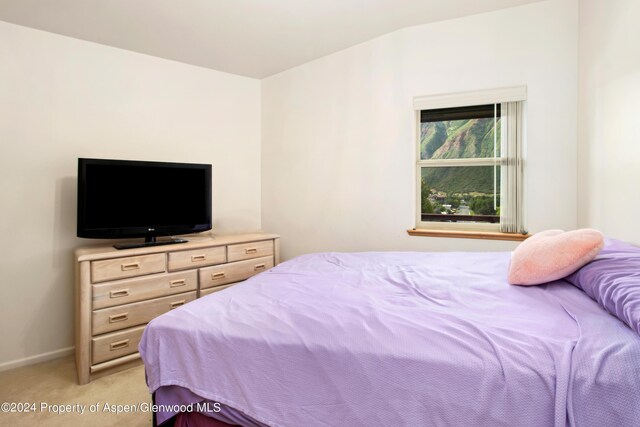 bedroom with light colored carpet and lofted ceiling