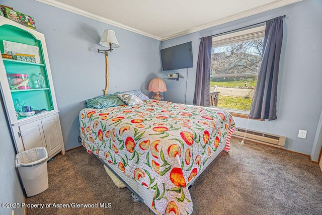 bedroom with a baseboard heating unit, ornamental molding, and carpet floors