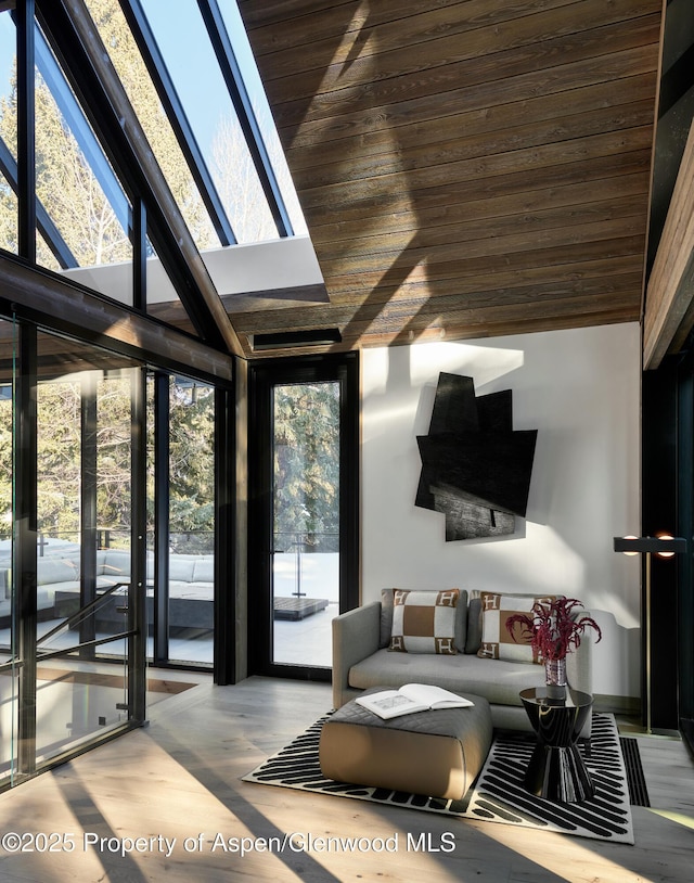 411 Pearl Ct, Aspen, CO 81611 - living area featuring wood ceiling, plenty of natural light, lofted ceiling, wood finished floors, and expansive windows