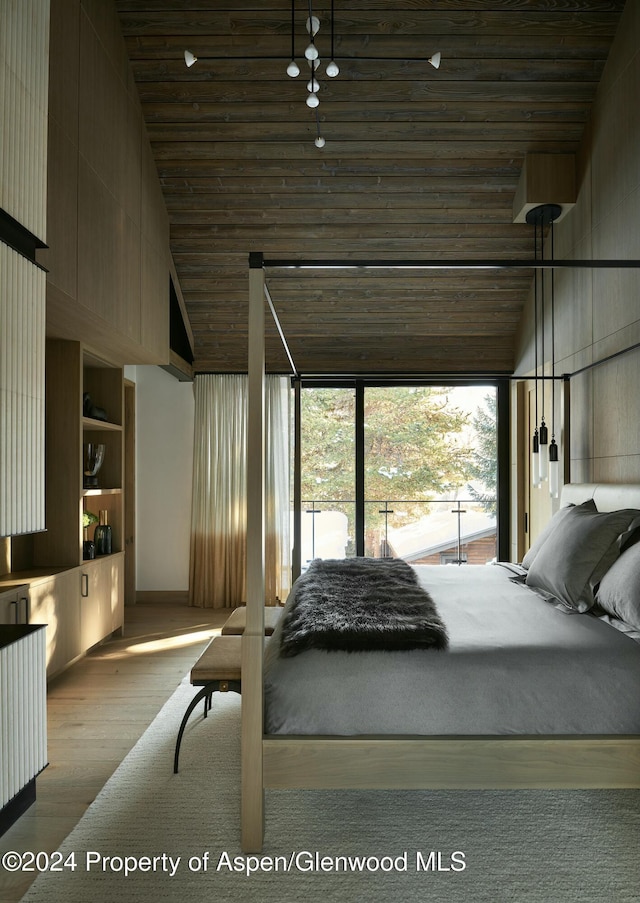 411 Pearl Ct, Aspen, CO 81611 - bedroom featuring wood finished floors, high vaulted ceiling, and wood ceiling