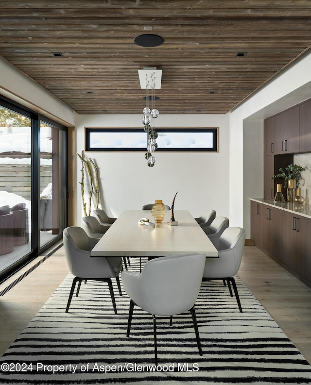 dining room with light hardwood / wood-style floors and wood ceiling