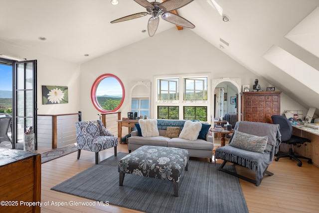 2240 Old Herron Rd, Basalt, CO 81621 - living area with a ceiling fan, light wood-style flooring, recessed lighting, and arched walkways