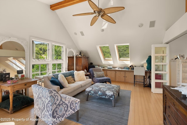 2240 Old Herron Rd, Basalt, CO 81621 - living room with high vaulted ceiling, beam ceiling, a skylight, a ceiling fan, and light wood-style floors