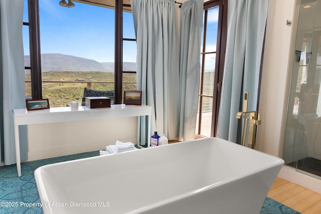 2240 Old Herron Rd, Basalt, CO 81621 - bathroom with a mountain view, a freestanding bath, and wood finished floors