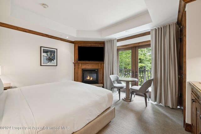 bedroom featuring carpet flooring, access to outside, and a tray ceiling