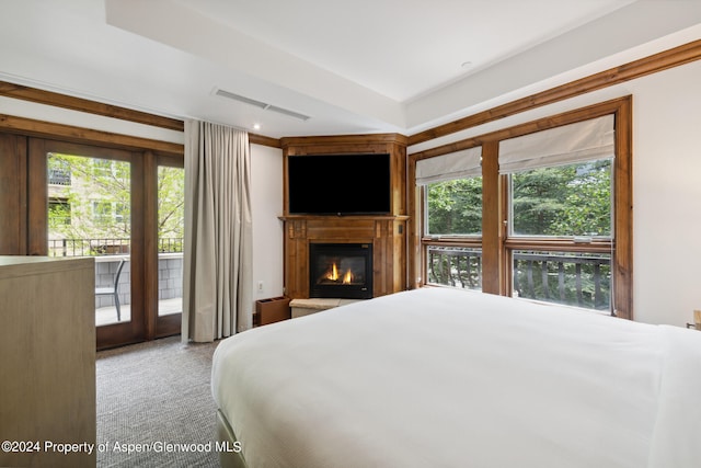 carpeted bedroom featuring access to outside and multiple windows