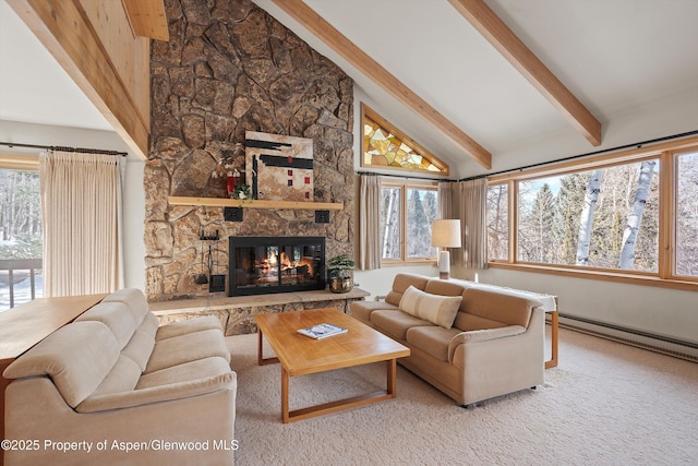 living room featuring a fireplace, high vaulted ceiling, and beamed ceiling