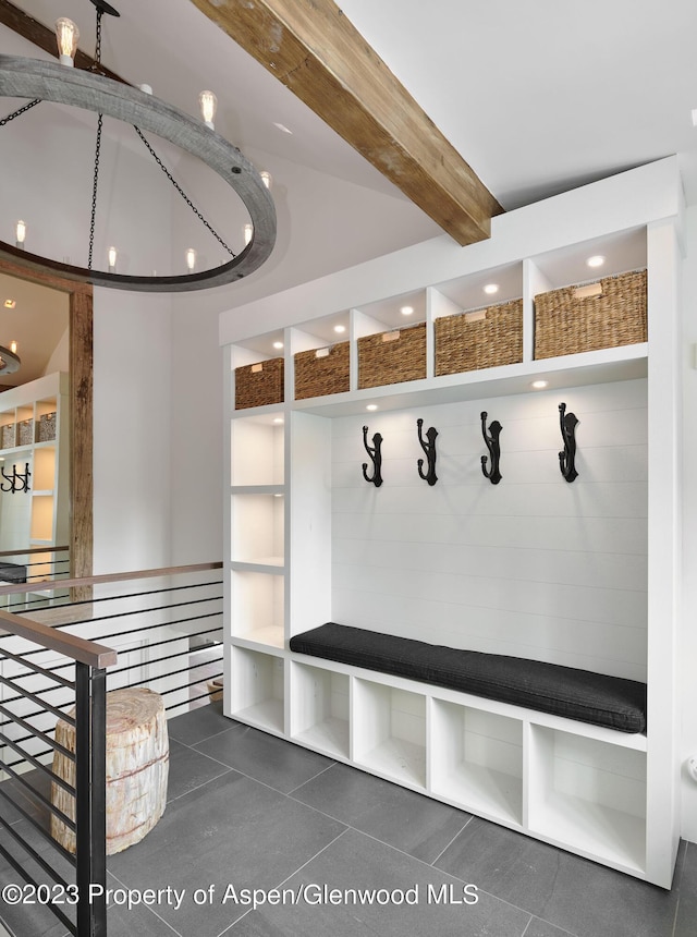 1271 Ute Ave, Aspen, CO 81611 - mudroom featuring beam ceiling, recessed lighting, and dark tile patterned flooring