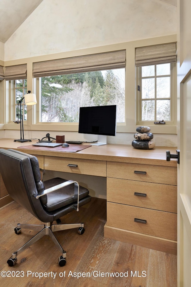 1271 Ute Ave, Aspen, CO 81611 - office with wood finished floors, lofted ceiling, and built in study area