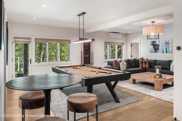 1271 Ute Ave, Aspen, CO 81611 - recreation room featuring a wall mounted air conditioner, wood finished floors, recessed lighting, beam ceiling, and pool table