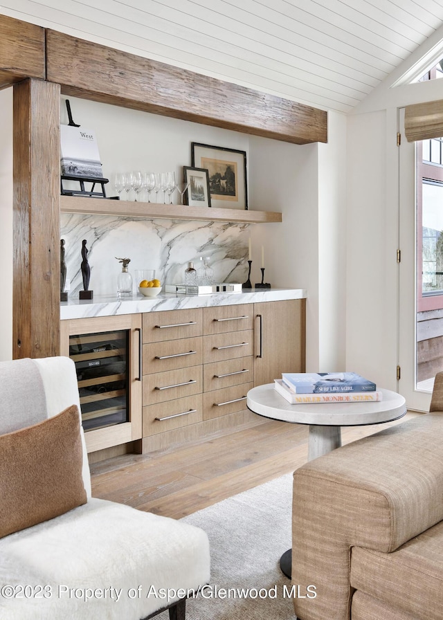 1271 Ute Ave, Aspen, CO 81611 - indoor wet bar featuring beverage cooler, wood finished floors, and wood ceiling
